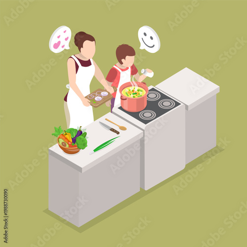 3D Isometric Flat Vector Illustration of Cooking With Mom, Young Child Assisting Mother In Preparing A Pot Of Soup.