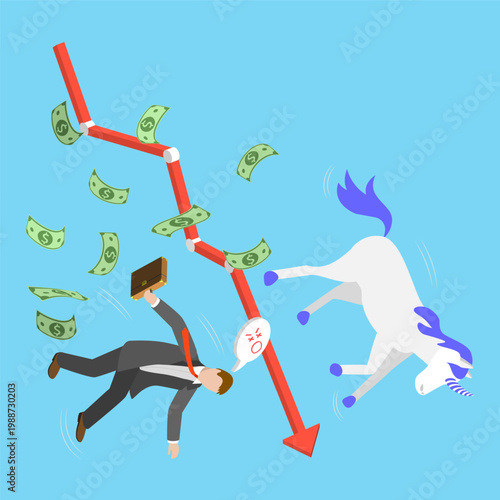 3D Isometric Flat Vector Illustration of Unicorn Fail, Unsuccessful Startup