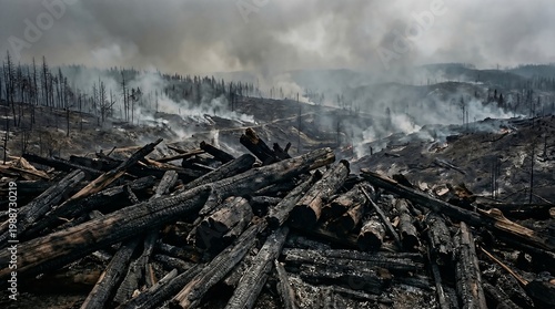 A desolate landscape of charred logs and smoldering remains under a gray, smoke-filled sky after a devastating wildfire.