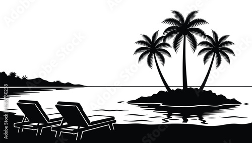 Tropical beach scene with palm trees and lounge chairs