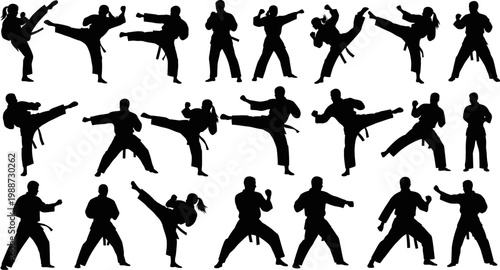 Martial arts silhouettes of people in various fighting poses and stances and movements