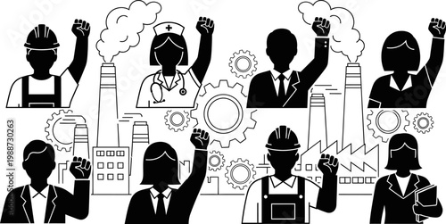 Black and white illustration of various professionals with fists raised in solidarity  industrial background with factory silhouettes and gears