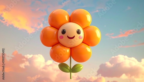 Smiling Orange Flower Balloon in Sky.
