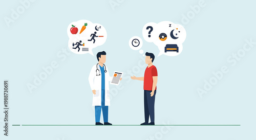 Doctor consults patient about healthy lifestyle, diet, exercise, and sleep