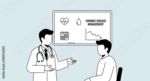 Doctor Consults Patient About Chronic Disease Management Plan on Whiteboard