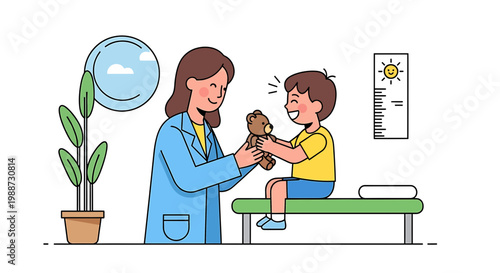 Doctor examining happy child with teddy bear in clinic, growth chart in background