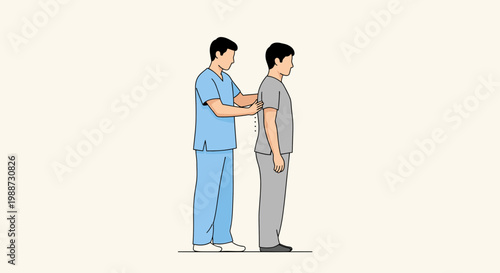 Doctor examining patient's back posture, medical check-up, physical therapy