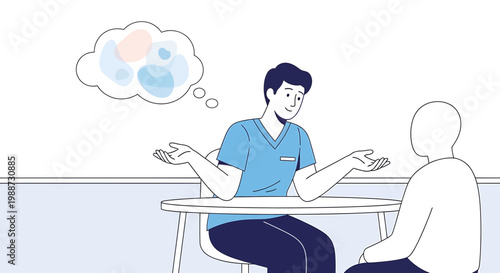 Doctor explaining diagnosis to patient, patient thinking about health condition, medical consultation