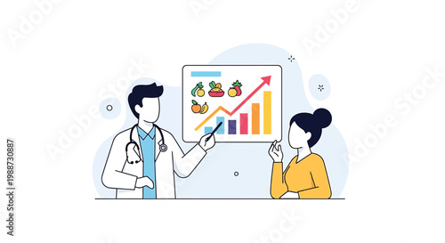 Doctor explaining health benefits of fruits and vegetables with growth chart