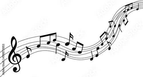 Musical notes on a stave with a treble clef flowing in a wavy line