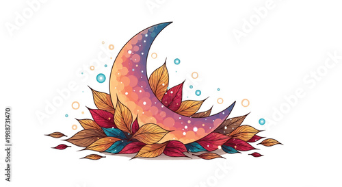 Colorful crescent moon surrounded by vibrant autumn leaves and bubbles