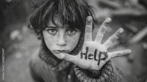 Sad child holding hand with word 