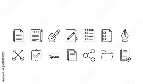 Creative writing and publishing line icons including fountain pens ink nibs document layouts folder storage sharing symbols verification marks and signature lines for literary and office projects.