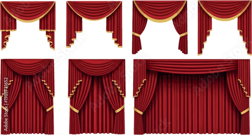 Realistic Red and Gold Luxury Theater Curtain Set with Various Drape Styles for Stage, Cinema, Opera, and Grand Event Decoration Designs