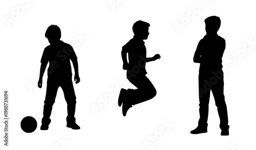 Silhouette of boy with soccer ball, boy jumping mid-air, and boy standing with arms crossed showing different playful poses and actions for kids and sports theme in isolated white background.