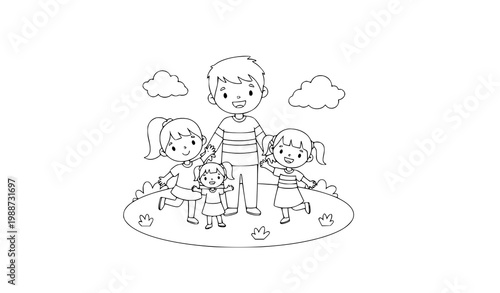 Father playing with three young daughters in park cartoon coloring page illustration showing happy family bonding outdoors in nature under clouds on sunny day perfect for children creative education.