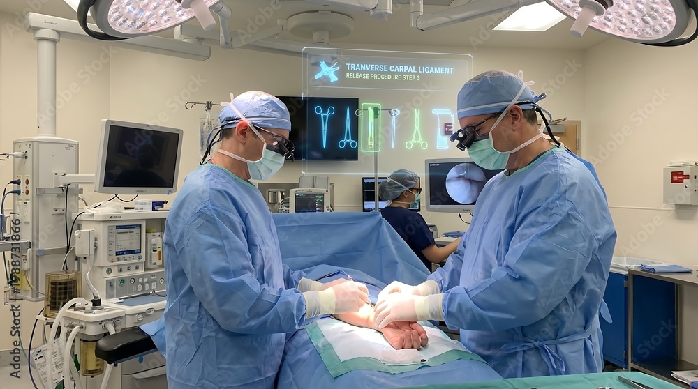 Obraz premium Two surgeons in blue scrubs and masks performing a delicate operation on a patient in a modern operating room
