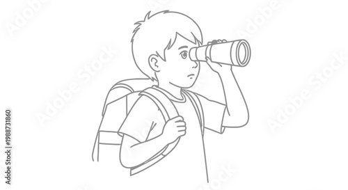 Illustration of  boy with backpacks looking through binoculars.