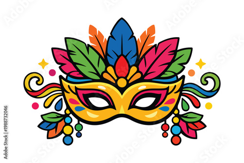 A vibrant and colorful venetian masquerade mask decorated with bright feathers and small beads.