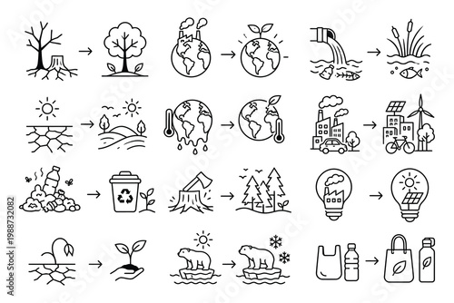 Illustrations of sustainable environmental practices and conservation efforts