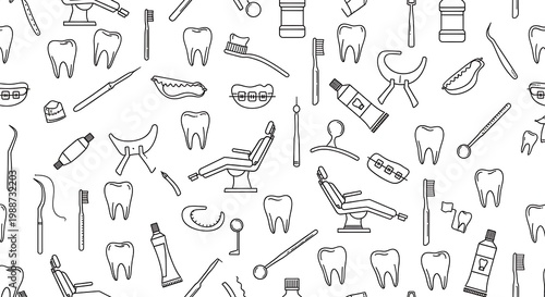 Dental Care Seamless Pattern with Teeth and Dentistry Tools Line Icons