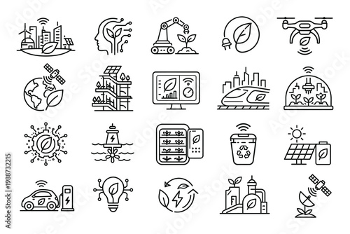 Illustrations of various modern technologies and sustainable innovations