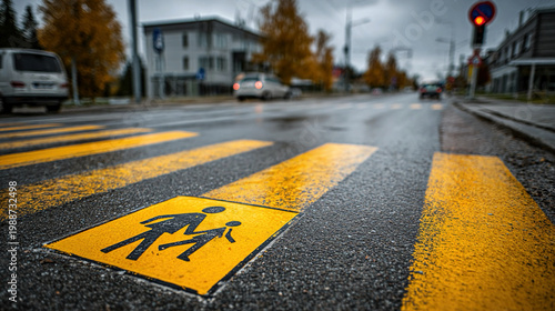 Urban intersection with school crossing sign and pedestrian markings, emphasizing student safety, traffic awareness, and safe educational neighborhood environment concept.