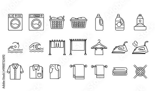 Laundry 15 icon set washing machine clothes cleaning outline vector
