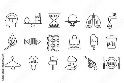 Collection of icons representing environmental health and sustainability concepts