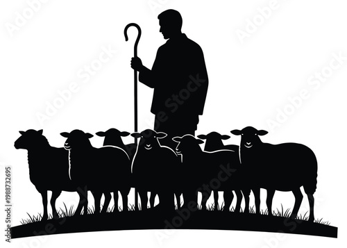 Shepherd and sheep silhouette