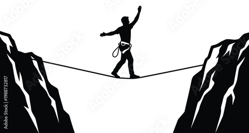 Silhouette of a man tightrope walking between two mountain cliffs