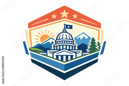 A stylized emblem featuring a capitol building dome against a backdrop of mountains and a sun
