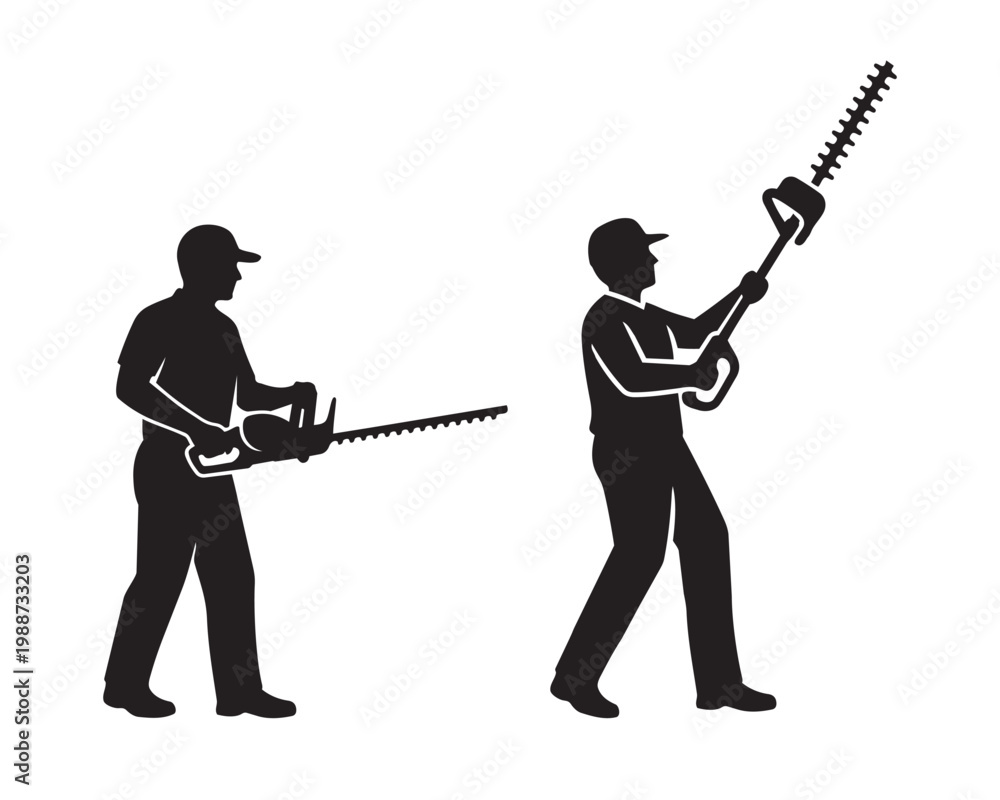 Naklejka premium Silhouettes of a gardener using a hedge trimmer in two different positions, side view