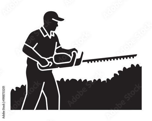 Gardener trimming hedge with electric hedge trimmer vector icon professional landscaping service, garden maintenance, yard work, bush pruning illustration