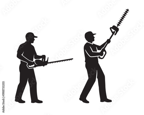 Silhouettes of a gardener using a hedge trimmer in two different positions, side view