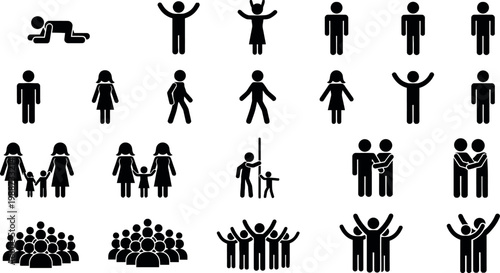 Human Stick Figure Icon Set with Family, Group, and Various Body Pose Silhouettes in Black for Infographic and Presentation Designs