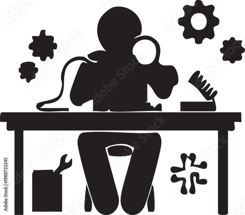 Person Seated and Repairing Broken Electronic Device at Desk for Reuse Vector Silhouette