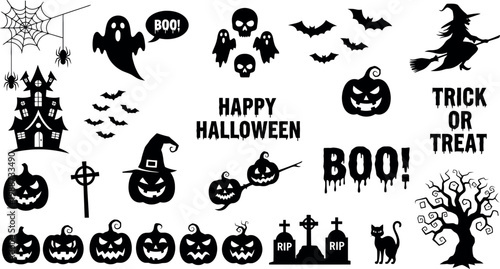 Happy Halloween Black Silhouette Icon Set with Pumpkins, Ghosts, Bats, Witch, and Spooky Elements for Holiday Party and Decoration Designs
