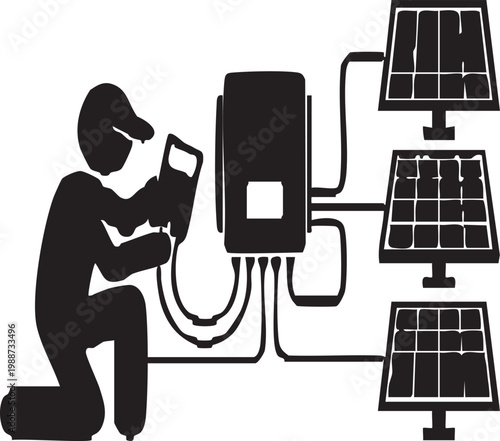 Technician Kneeling and Inspecting Solar Inverter with Multimeter Vector Silhouette