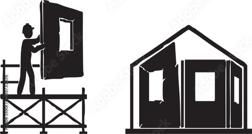 Worker Assembling Modular Eco House Panel Section Vector Silhouette