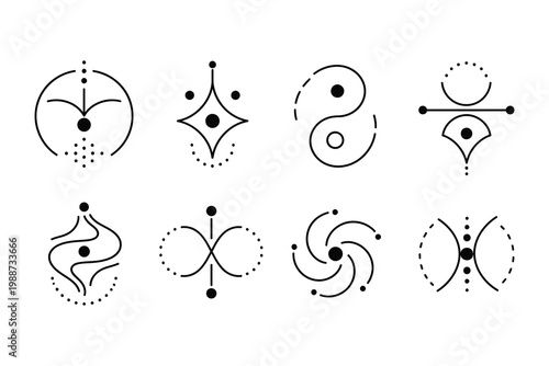 Collection of symbolic diagrams featuring yin-yang and various abstract geometric patterns
