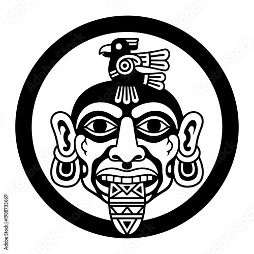 Ancient stylized face with bird headdress within a circular frame