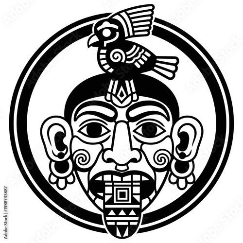 Stylized black and white depiction of a face with a bird atop