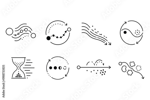 Illustrations of cellular division and particle movement processes