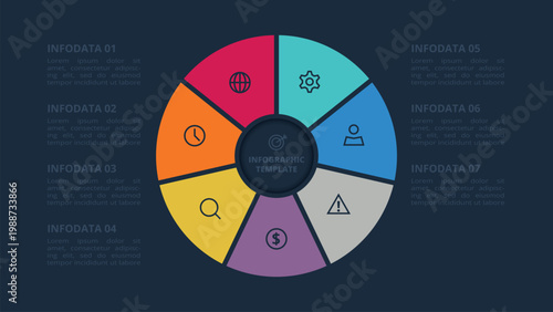 Vision Flow infographic with 7 steps, options, parts or processes. Template for web on a black background.