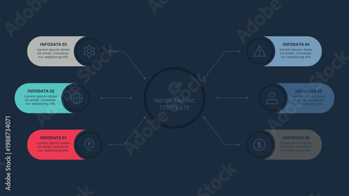 Vision Flow infographic with 6 steps, options, parts or processes. Template for web on a black background.