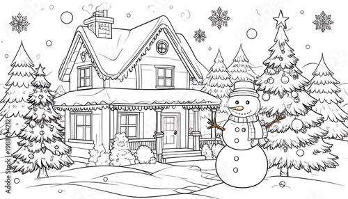 Snowman standing in front of house.