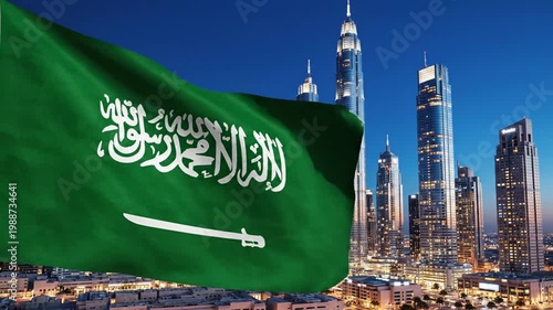 Saudi Arabian flag waving over modern city skyline at night