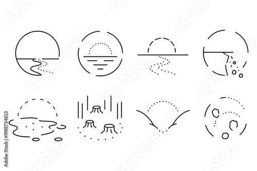 Illustrations of various moon phases and celestial phenomena with earth elements