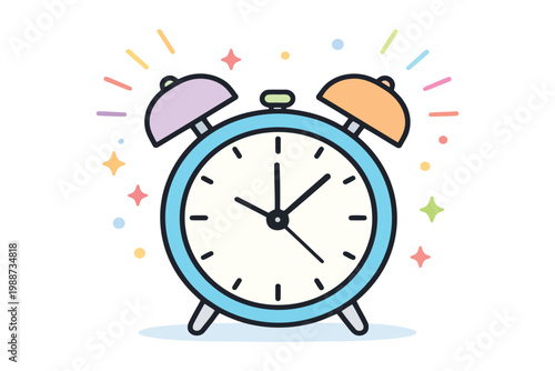 A bright and colorful cartoon alarm clock illustration featuring sparkles for a joyful morning mood